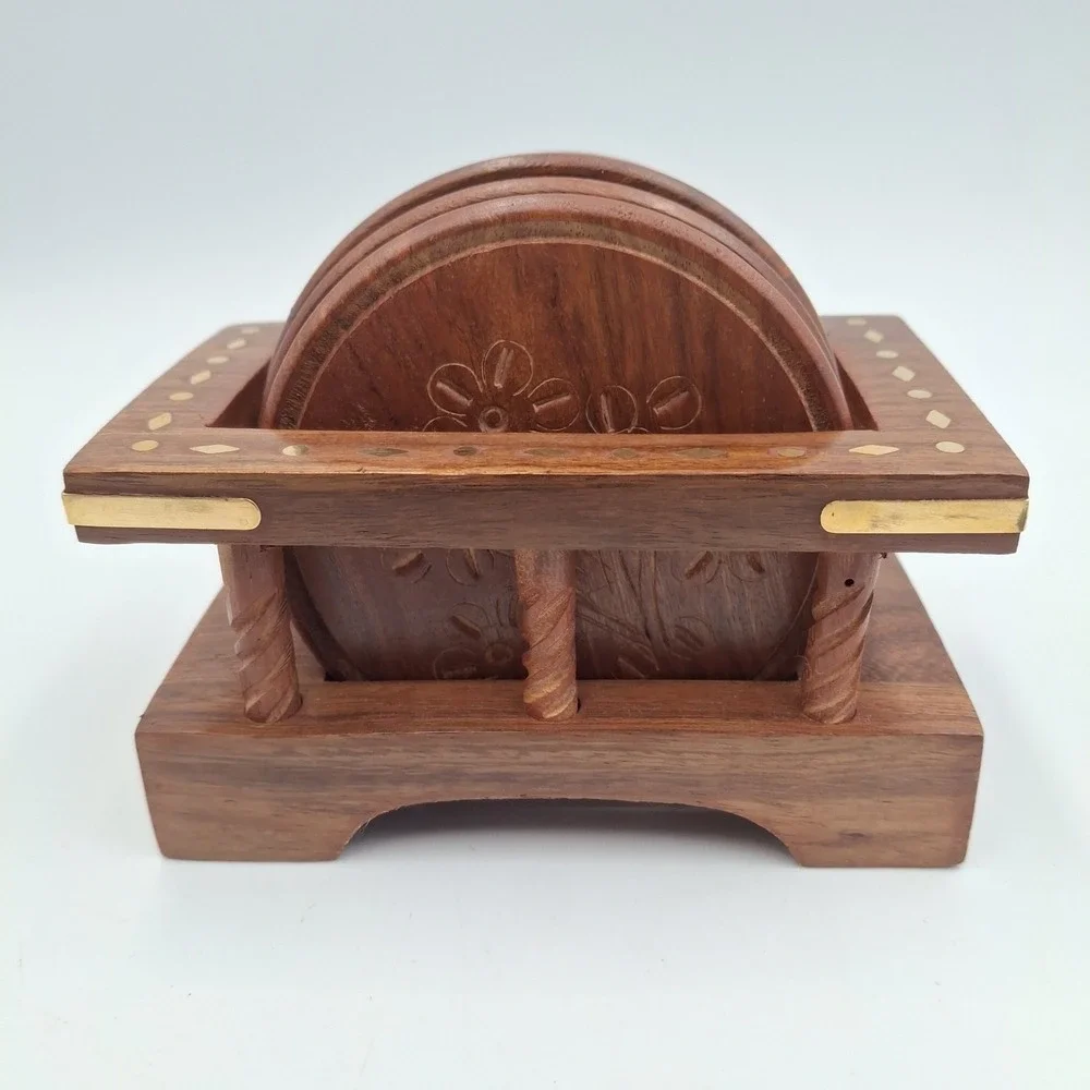 Kapasi Handcrafted Wooden Coaster Set of‎ 6 & Holder Carved Flower Brass Inlay